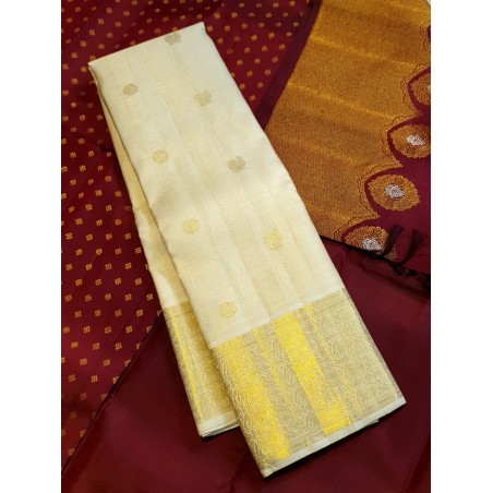 2G Pure Kanjivaram Silk Saree Ivory Off White with Gold Zari Elephant Border & Peacock Butta | Prahla Silks