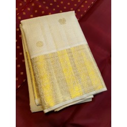 2G Pure Kanjivaram Silk Saree Ivory Off White with Gold Zari Elephant Border & Peacock Butta | Prahla Silks