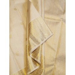 2G Pure Kanjivaram Silk Saree Ivory Off White with Gold Zari Elephant Border & Peacock Butta | Prahla Silks