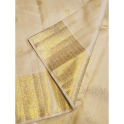 2G Pure Kanjivaram Silk Saree Ivory Off White with Gold Zari Elephant Border & Peacock Butta | Prahla Silks