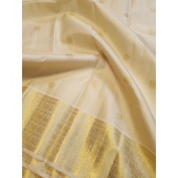 2G Pure Kanjivaram Silk Saree Ivory Off White with Gold Zari Elephant Border & Peacock Butta | Prahla Silks