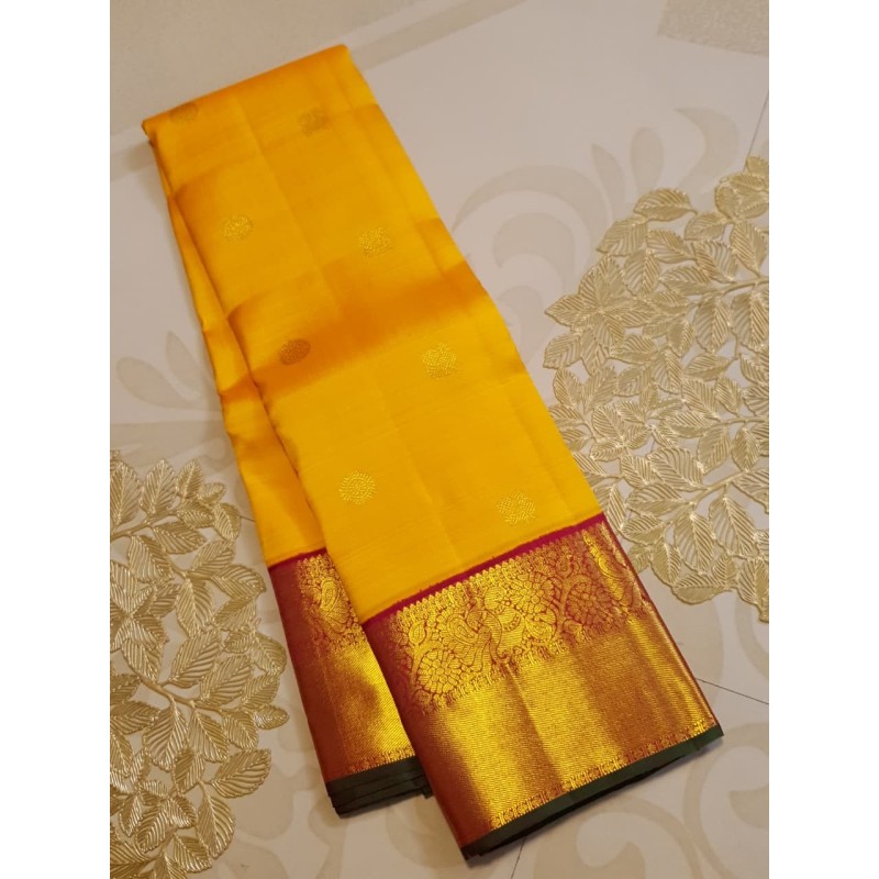 2G Pure Kanjivaram Silk Saree Turmeric Yellow with Maroon Peacock Zari Border & Gold Butta | Prahla Silks