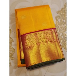 2G Pure Kanjivaram Silk Saree Turmeric Yellow with Maroon Peacock Zari Border & Gold Butta | Prahla Silks