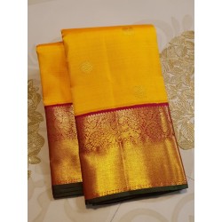 2G Pure Kanjivaram Silk Saree Turmeric Yellow with Maroon Peacock Zari Border & Gold Butta | Prahla Silks
