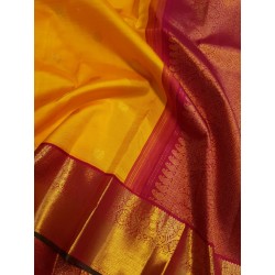 2G Pure Kanjivaram Silk Saree Turmeric Yellow with Maroon Peacock Zari Border & Gold Butta | Prahla Silks