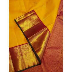2G Pure Kanjivaram Silk Saree Turmeric Yellow with Maroon Peacock Zari Border & Gold Butta | Prahla Silks