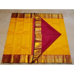 2G Pure Kanjivaram Silk Saree Turmeric Yellow with Maroon Peacock Zari Border & Gold Butta | Prahla Silks