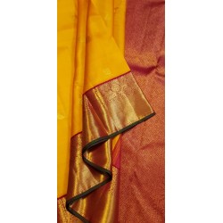 2G Pure Kanjivaram Silk Saree Turmeric Yellow with Maroon Peacock Zari Border & Gold Butta | Prahla Silks
