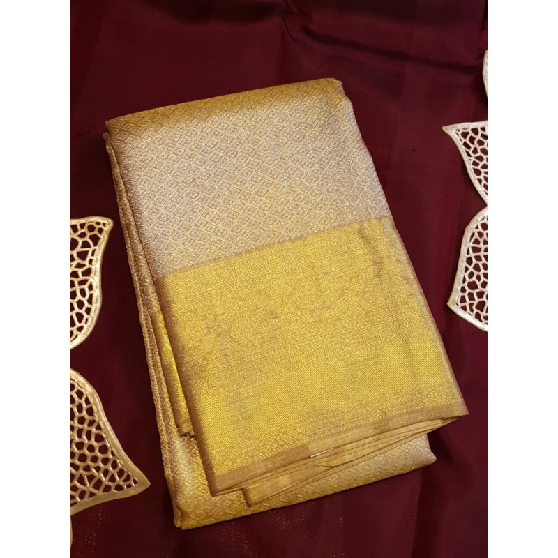 2G Pure Kanjivaram Silk Saree Ivory Off White with Rich Gold Zari Border | Prahla Silks