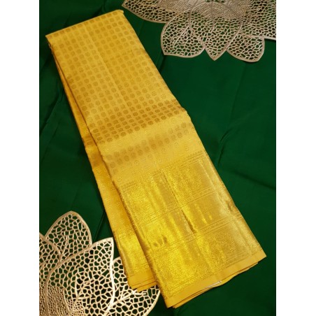 2G Pure Kanjivaram Silk Saree Yellow with Gold Zari Peacock Border & Peacock Butta | Prahla Silks