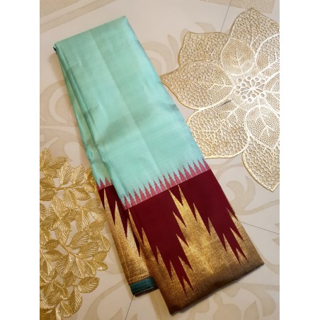 2G Pure Kanjivaram Silk Saree Pastel Aqua Green with Maroon Temple Border & Gold Zari | Prahla Silks