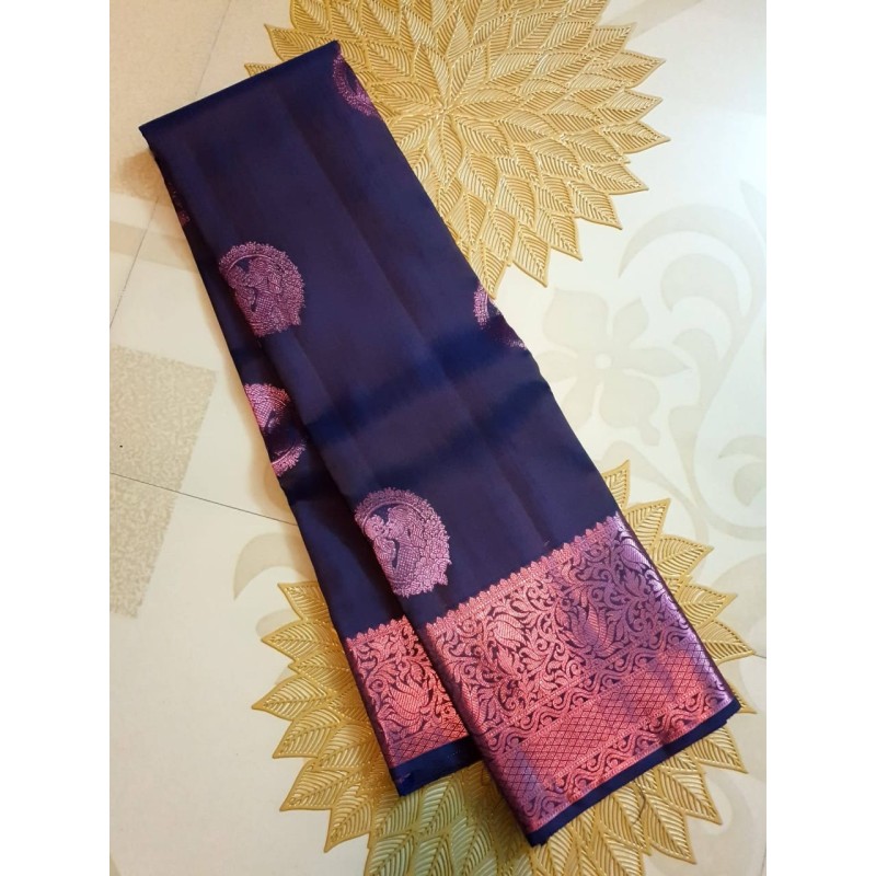 Japanese Violet Kanjivaram silks saree with rich Royal  Pallu and Blouse