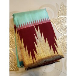 2G Pure Kanjivaram Silk Saree Pastel Aqua Green with Maroon Temple Border & Gold Zari | Prahla Silks