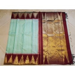 2G Pure Kanjivaram Silk Saree Pastel Aqua Green with Maroon Temple Border & Gold Zari | Prahla Silks