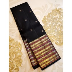 2G Pure Kanjivaram Silk Saree Black with Gold Zari Small Peacock Butta & Rich Traditional Border | Prahla Silks