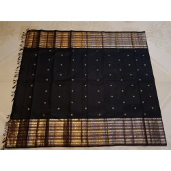 2G Pure Kanjivaram Silk Saree Black with Gold Zari Small Peacock Butta & Rich Traditional Border | Prahla Silks