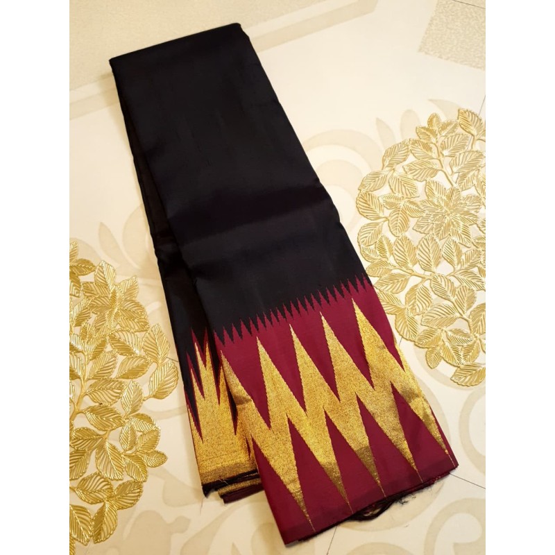 2G Pure Kanjivaram Silk Saree Black with Chilli Red Contrast & Gold Zari Temple Border | Prahla Silks