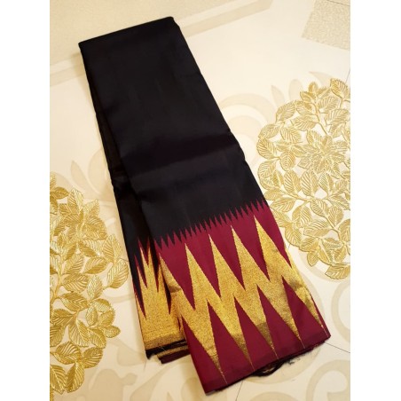 2G Pure Kanjivaram Silk Saree Black with Chilli Red Contrast & Gold Zari Temple Border | Prahla Silks