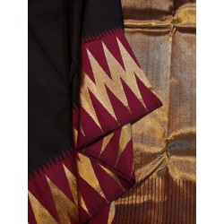 2G Pure Kanjivaram Silk Saree Black with Chilli Red Contrast & Gold Zari Temple Border | Prahla Silks