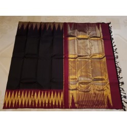 2G Pure Kanjivaram Silk Saree Black with Chilli Red Contrast & Gold Zari Temple Border | Prahla Silks