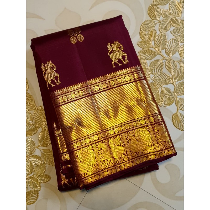 2G Pure Kanjivaram Silk Saree Maroon with Gold Zari Horse Butta & Rich Traditional Border | Prahla Silks