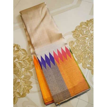 2G Pure Kanjivaram Silk Saree Off White with Multicolour Temple Border & Mustard Gold Pallu | Prahla Silks
