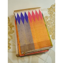 2G Pure Kanjivaram Silk Saree Off White with Multicolour Temple Border & Mustard Gold Pallu | Prahla Silks