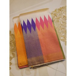 2G Pure Kanjivaram Silk Saree Off White with Multicolour Temple Border & Mustard Gold Pallu | Prahla Silks