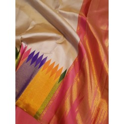 2G Pure Kanjivaram Silk Saree Off White with Multicolour Temple Border & Mustard Gold Pallu | Prahla Silks