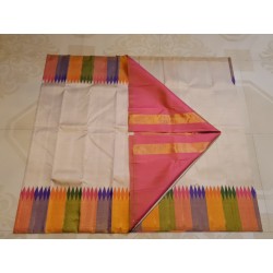 2G Pure Kanjivaram Silk Saree Off White with Multicolour Temple Border & Mustard Gold Pallu | Prahla Silks