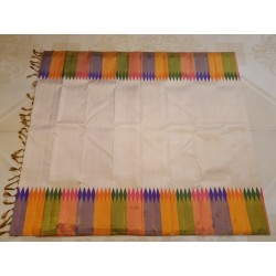 2G Pure Kanjivaram Silk Saree Off White with Multicolour Temple Border & Mustard Gold Pallu | Prahla Silks