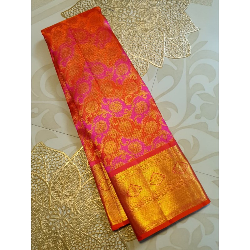 2G Pure Kanjivaram Silk Saree Orange with Pink Contrast & Rich Gold Zari Floral Brocade | Traditional Wedding Saree | Prahla Sil