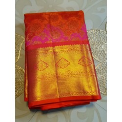 2G Pure Kanjivaram Silk Saree Orange with Pink Contrast & Rich Gold Zari Floral Brocade | Traditional Wedding Saree | Prahla Sil