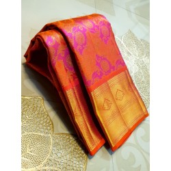 2G Pure Kanjivaram Silk Saree Orange with Pink Contrast & Rich Gold Zari Floral Brocade | Traditional Wedding Saree | Prahla Sil