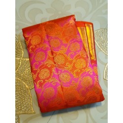 2G Pure Kanjivaram Silk Saree Orange with Pink Contrast & Rich Gold Zari Floral Brocade | Traditional Wedding Saree | Prahla Sil