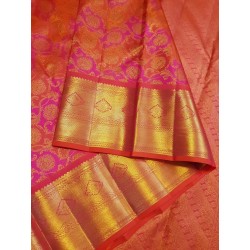 2G Pure Kanjivaram Silk Saree Orange with Pink Contrast & Rich Gold Zari Floral Brocade | Traditional Wedding Saree | Prahla Sil