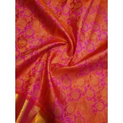 2G Pure Kanjivaram Silk Saree Orange with Pink Contrast & Rich Gold Zari Floral Brocade | Traditional Wedding Saree | Prahla Sil