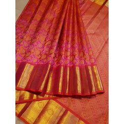 2G Pure Kanjivaram Silk Saree Orange with Pink Contrast & Rich Gold Zari Floral Brocade | Traditional Wedding Saree | Prahla Sil