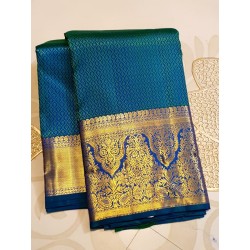 2G Pure Kanjivaram Silk Saree Teal Blue with Rich Gold Zari Border & Micro Butta Design | Prahla Silks