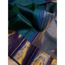 2G Pure Kanjivaram Silk Saree Teal Blue with Rich Gold Zari Border & Micro Butta Design | Prahla Silks