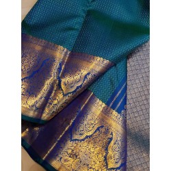 2G Pure Kanjivaram Silk Saree Teal Blue with Rich Gold Zari Border & Micro Butta Design | Prahla Silks