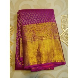 2G Pure Kanjivaram Silk Saree Magenta with Gold Zari & Peacock Border | Bridal Silk Saree | Prahla Silks