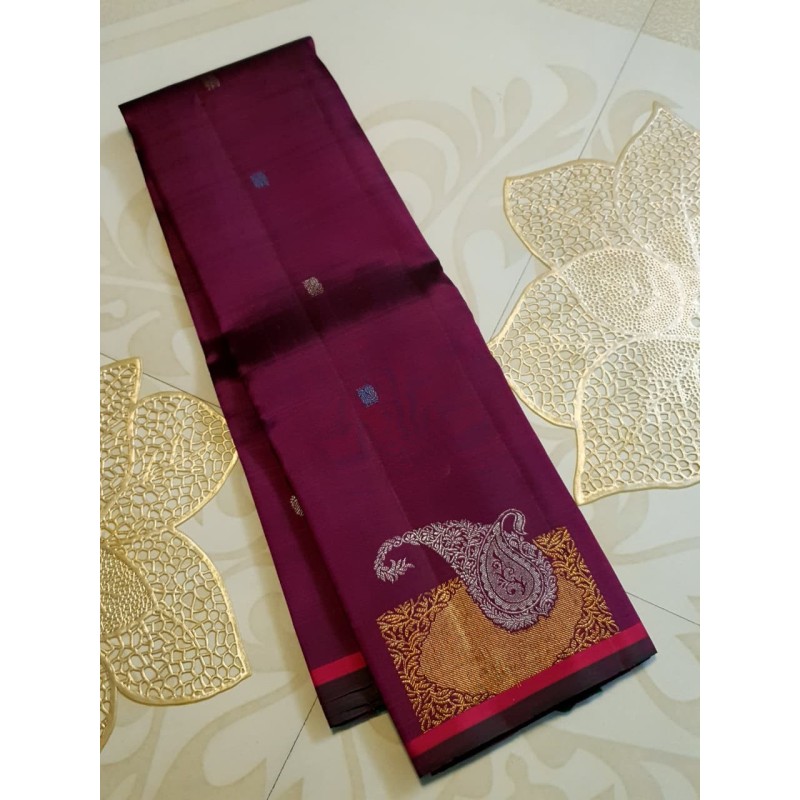 2G Pure Kanjivaram Silk Saree Deep Wine Maroon with Gold Zari Buttas & Paisley Pallu | Prahla Silks