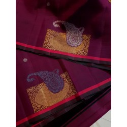 2G Pure Kanjivaram Silk Saree Deep Wine Maroon with Gold Zari Buttas & Paisley Pallu | Prahla Silks