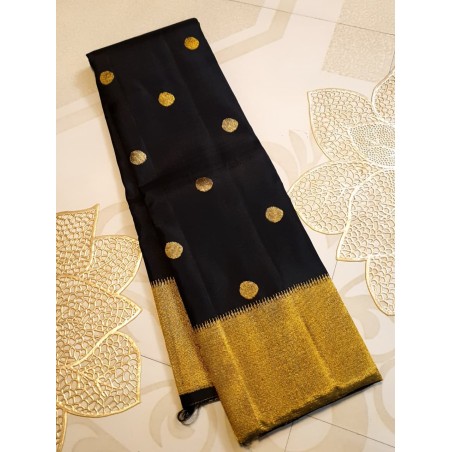 2G Pure Kanjivaram Silk Saree Black with Gold Zari Border & Gold Butta | Rich Traditional Silk Saree | Prahla Silks