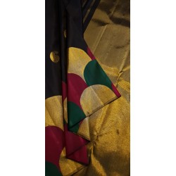 2G Pure Kanjivaram Silk Saree Black with Multicolour Scalloped Border & Gold Zari Mango Buttas  | Prahla Silks
