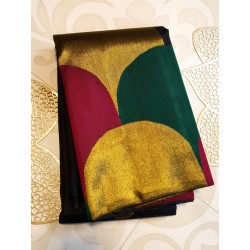 2G Pure Kanjivaram Silk Saree Black with Multicolour Scalloped Border & Gold Zari Mango Buttas  | Prahla Silks