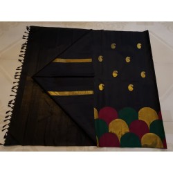 2G Pure Kanjivaram Silk Saree Black with Multicolour Scalloped Border & Gold Zari Mango Buttas  | Prahla Silks