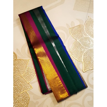2G Pure Kanjivaram Silk Saree Gold Tissue with Multicolour Stripes & Pink Border | Prahla Silks