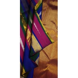 2G Pure Kanjivaram Silk Saree Gold Tissue with Multicolour Stripes & Pink Border | Prahla Silks